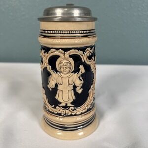 Vintage German Ceramic 1/4L  BEER Mug Stein w/ Pewter Lid - 6" Tall